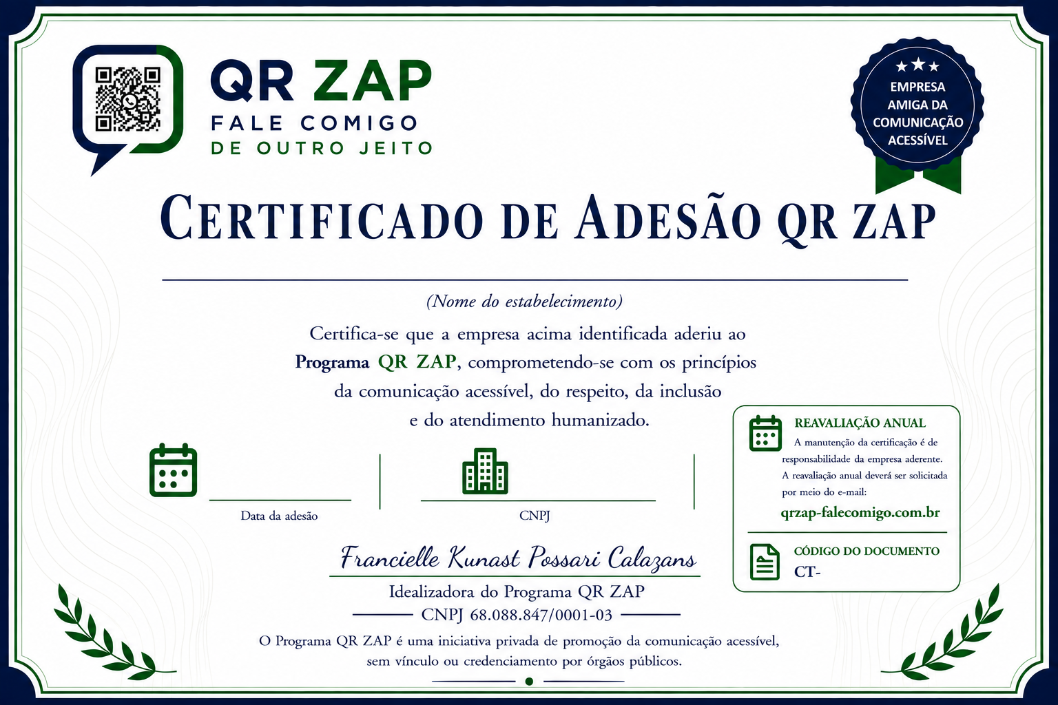 Certificado de Adesão QR ZAP